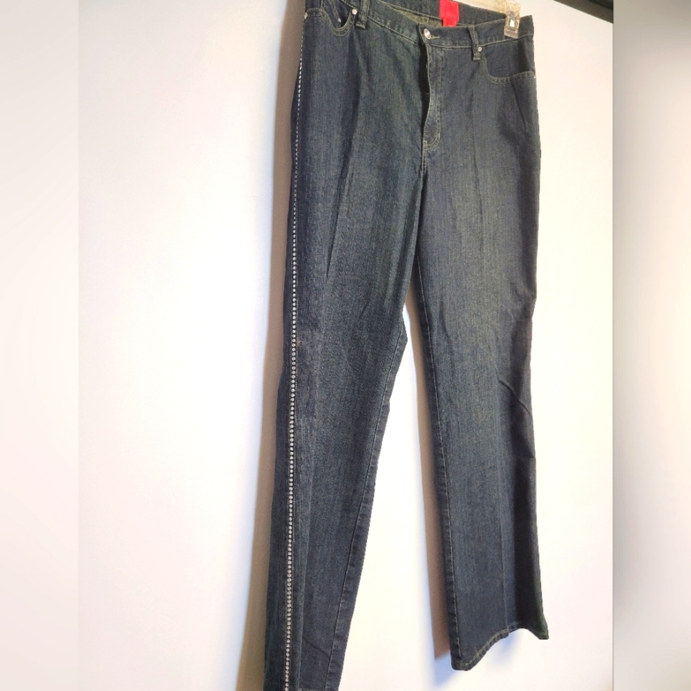 V Cristina Dark Wash Silver Studded Leg Mid Rise Denim Straight Leg Jeans Sz 14